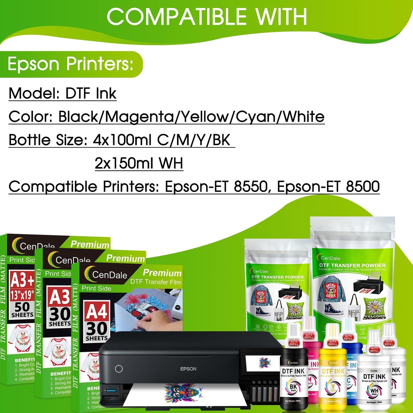 CenDale Upgraded Auto-Fill DTF Ink - 700ML DTF Transfer Ink for Epson ET-8550 ET-8500 Printers, Heat Transfer Printing Set 100ml x 4 CMYK, 150 x 2 White (Anti-UV/ICC-Free).