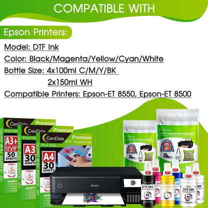 CenDale Upgraded Auto-Fill DTF Ink - 700ML DTF Transfer Ink for Epson ET-8550 ET-8500 Printers, Heat Transfer Printing Set 100ml x 4 CMYK, 150 x 2 White (Anti-UV/ICC-Free)