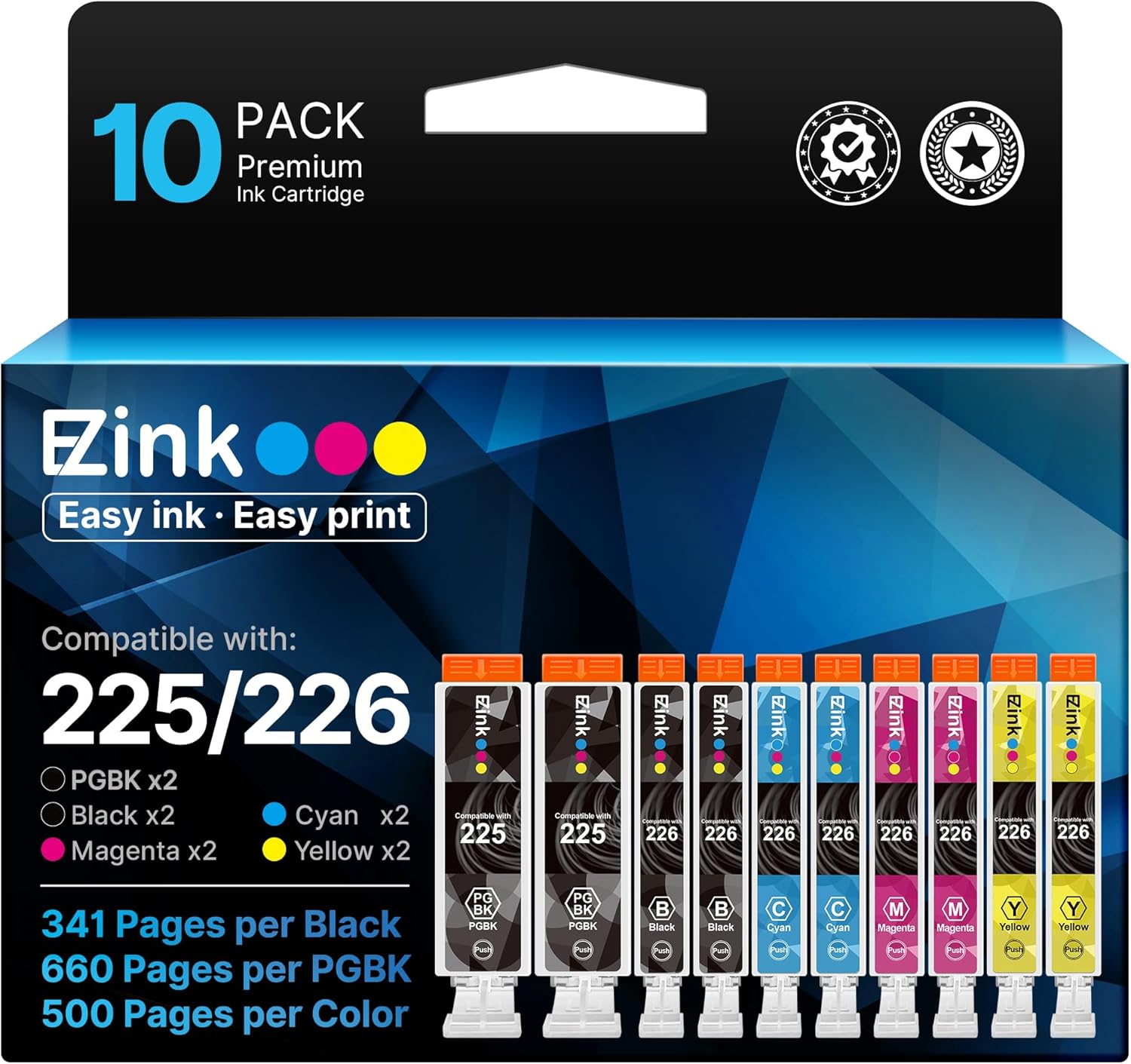 E-Z Ink Compatible Ink Cartridge Replacement for Canon PGI-225 CLI-226 PGI225 CLI226 Compatible with PIXMA MX882 MX892 MG5320 MG6220 (2 PGBK, 2 Cyan, 2 Magenta, 2 Yellow, 2 Small Black) 10Pack.