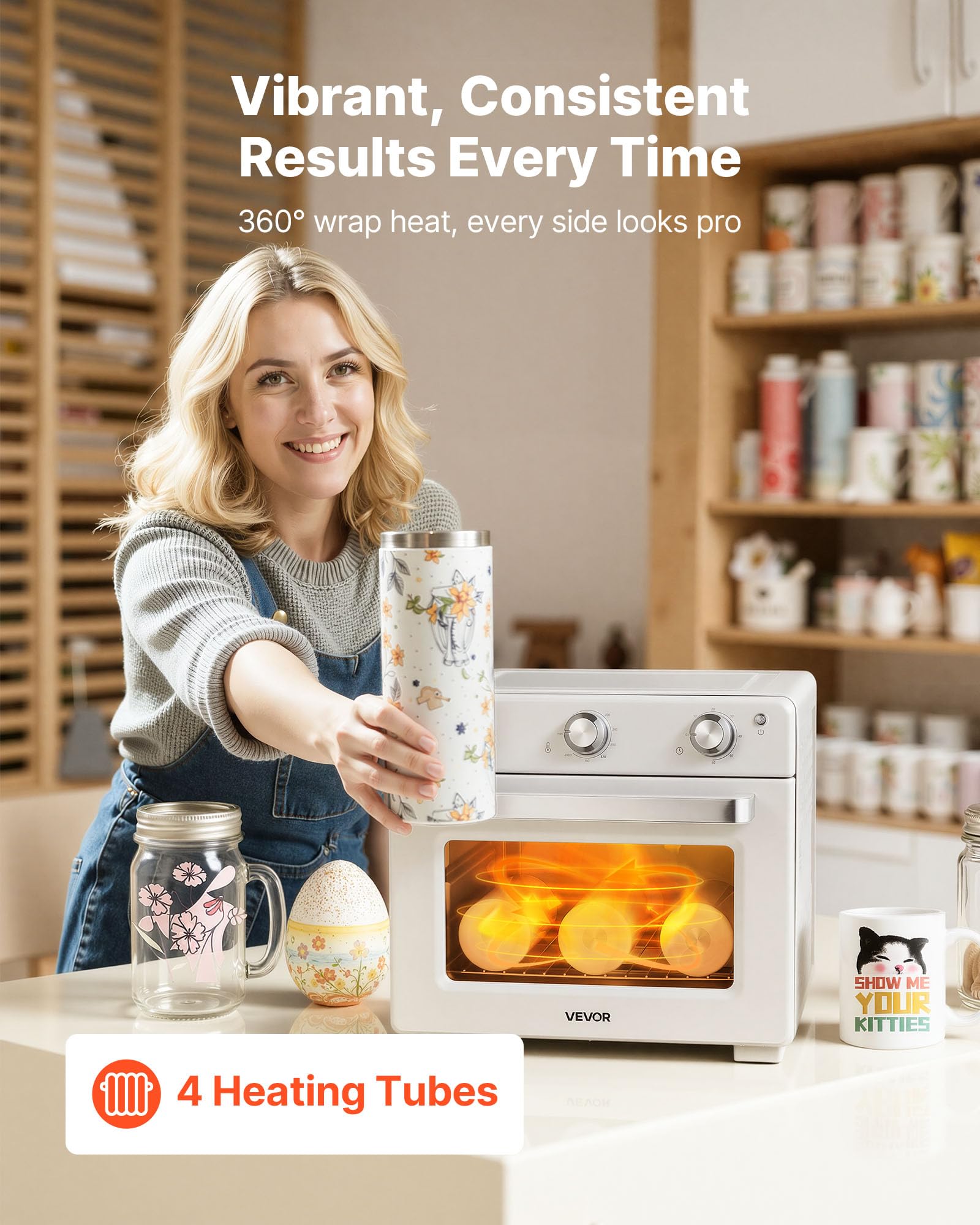VEVOR Sublimation Oven Machine, 26 Qt, Fits 40oz Tumblers, with 1 Heat Air Gun, 50 Shrink Films, 1 Tape and 2 Heat Gloves, 360° Turbo Convection for Sublimation Blank Tumblers, Mugs, Bowls, Off-White.