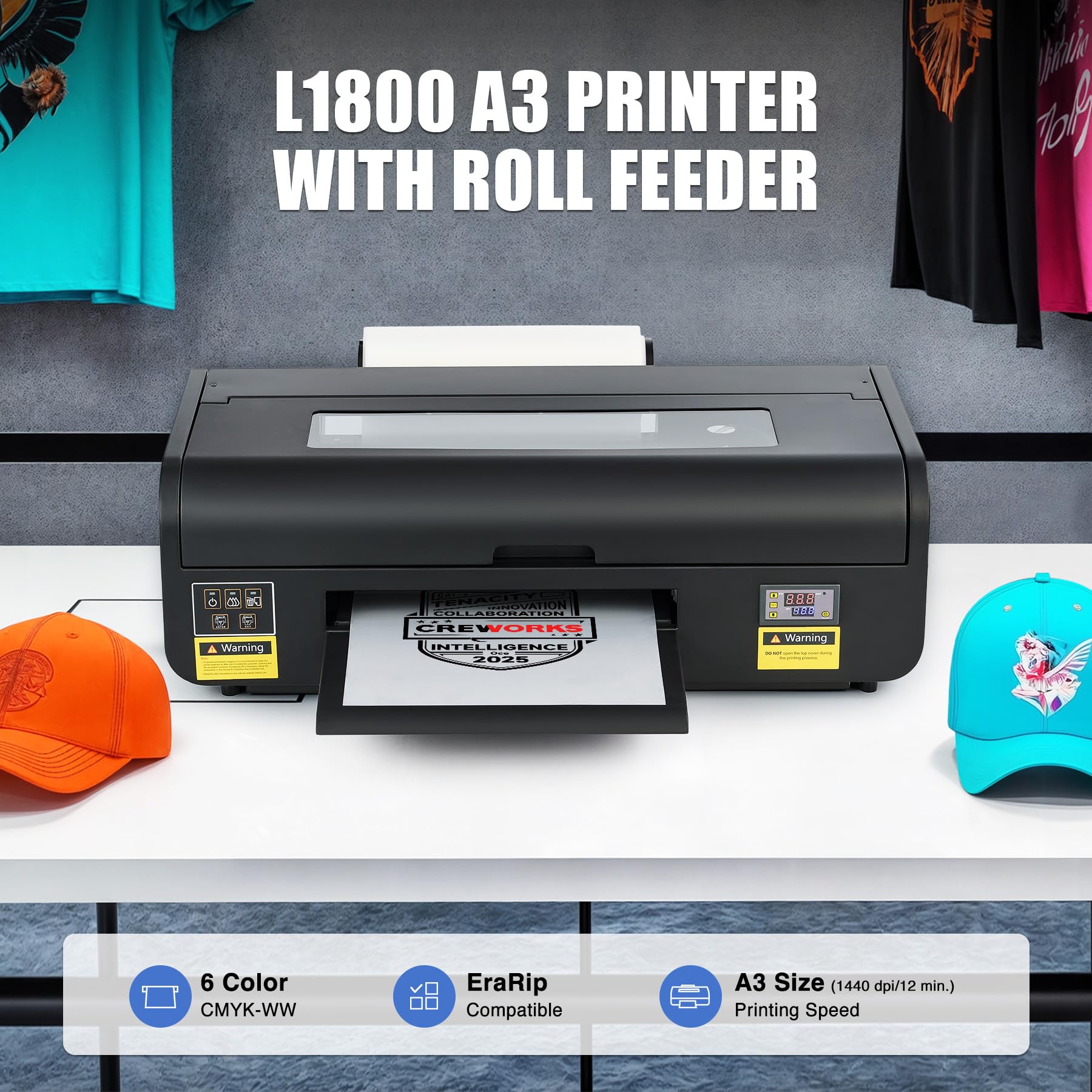CREWORKS XP600 A3 DTF Printer, Transfer Printing Machine with White Ink Circulation & Stirring System, Auto Cleaning DTF Transfer Printer, T-Shirt Direct to Film with Oven Film Roll & Inks.