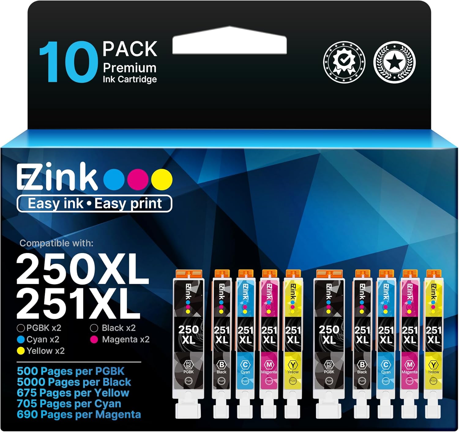 E-Z Ink Compatible Ink Cartridge Replacement for Canon PGI-250XL PGI 250 XL CLI-251XL CLI 251 XL to use with PIXMA MX922 MG5520 (2 Large Black, 2 Cyan, 2 Magenta, 2 Yellow, 2 Small Black) 10 Pack.