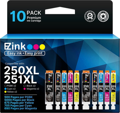 E-Z Ink Compatible Ink Cartridge Replacement for Canon PGI-250XL PGI 250 XL CLI-251XL CLI 251 XL to use with PIXMA MX922 MG5520 (2 Large Black, 2 Cyan, 2 Magenta, 2 Yellow, 2 Small Black) 10 Pack.