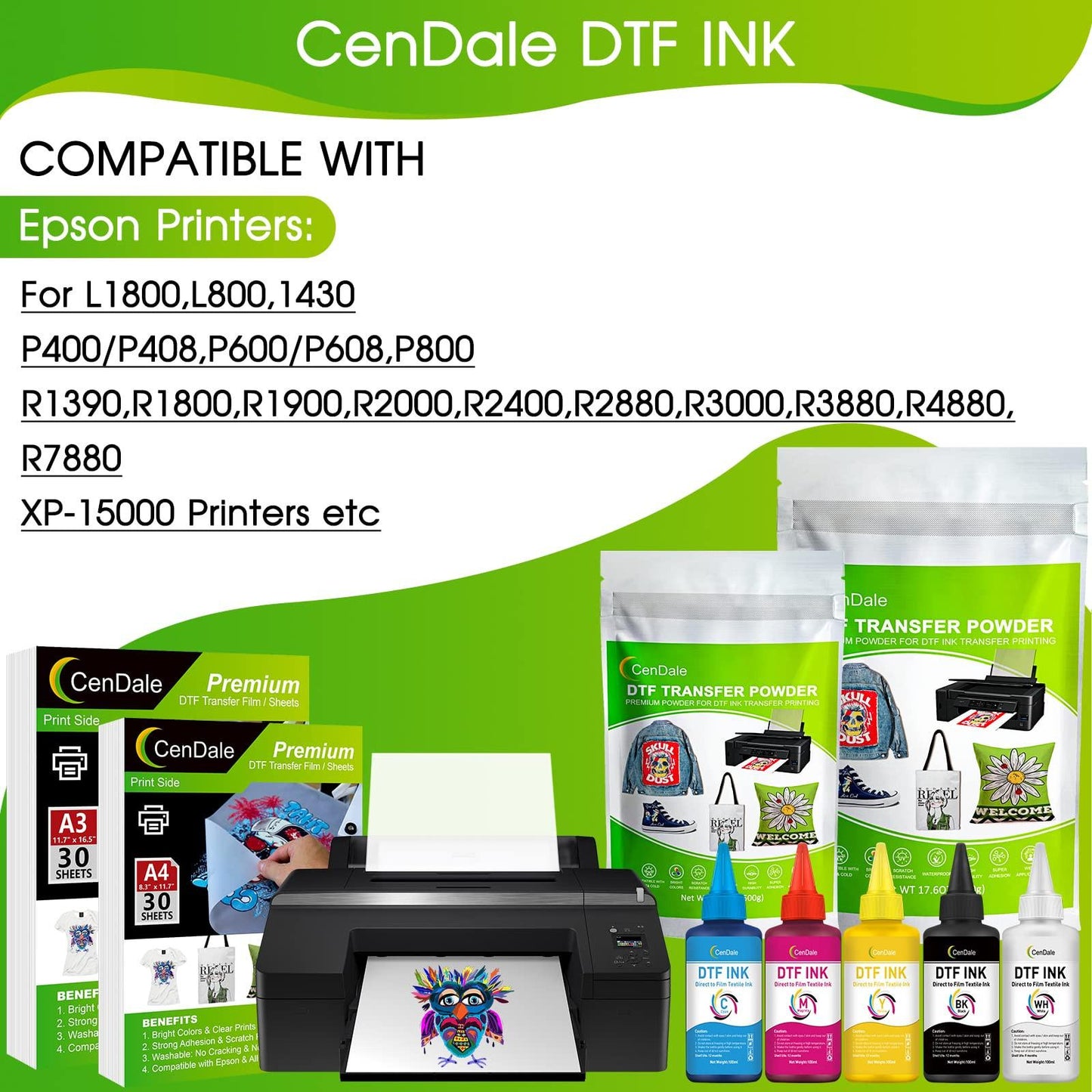 CenDale Premium DTF Printhead Cleaning Solution - Universal Printhead Cleaner Kit for Any DTF & DTG Printers, Print Head Cleaning Kit for Epson ET8550 L1800 XP15000 R1390 XP600 Ink Printer (100ML)