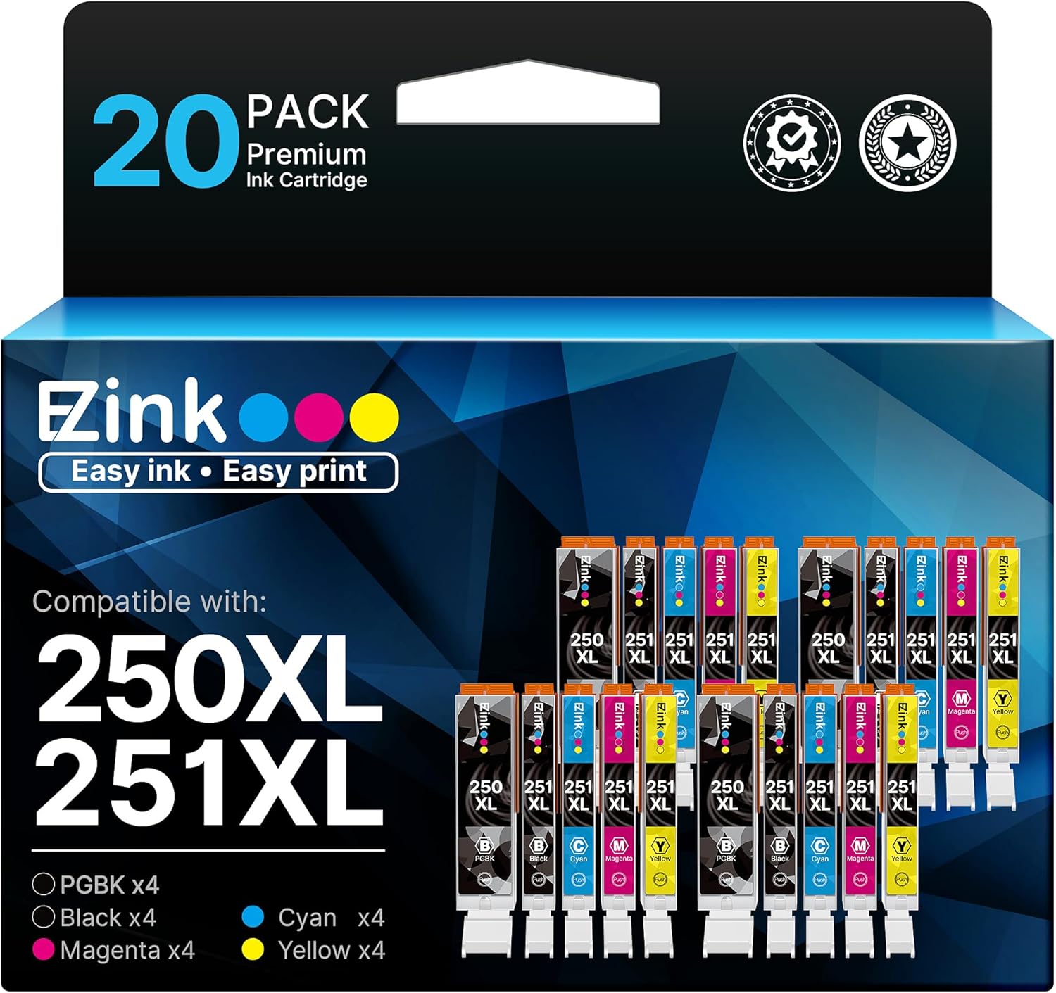 E-Z Ink Compatible Ink Cartridges Replacement for Canon 250 251 XL PGI-250XL CLI-251XL to use with Pixma MX922 MX920 MG5520 MG7520 IX6820 IP8720 MG6620 MG6320 MG7120 (20 Pack).
