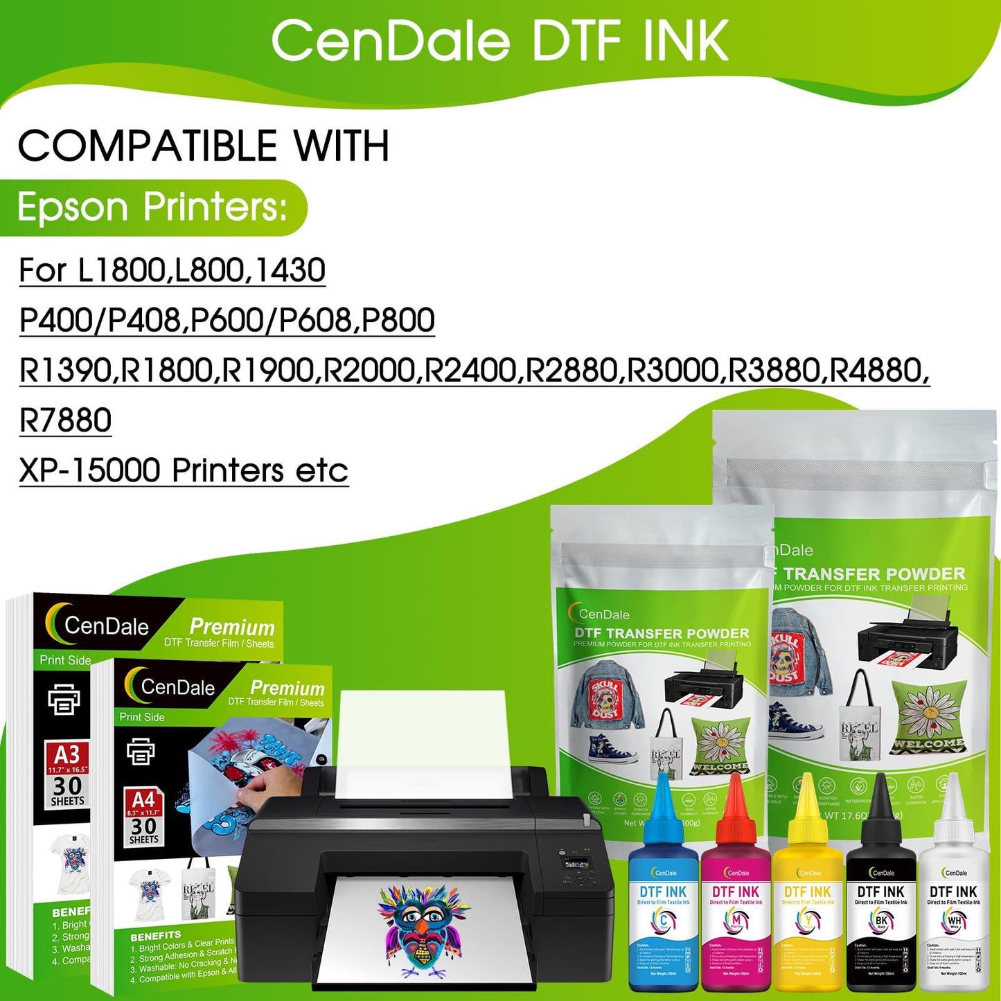CenDale Premium DTF Printhead Cleaning Solution - Universal Printhead Cleaner Kit for Any DTF & DTG Printers, Print Head Cleaning Kit for Epson ET8550 L1800 XP15000 R1390 XP600 Ink Printer (100ML)