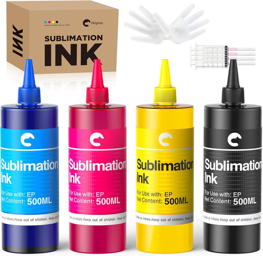 Hiipoo 2000ml Sublimation Ink Refilled Bottles Work with WF7710 ET2760 ET2720 ET2803 ET2800 ET15000 C88 C88+ Inkjet Printers Heat Press Transfer on Mugs Plates T-Shirts Pillows Phone Case.
