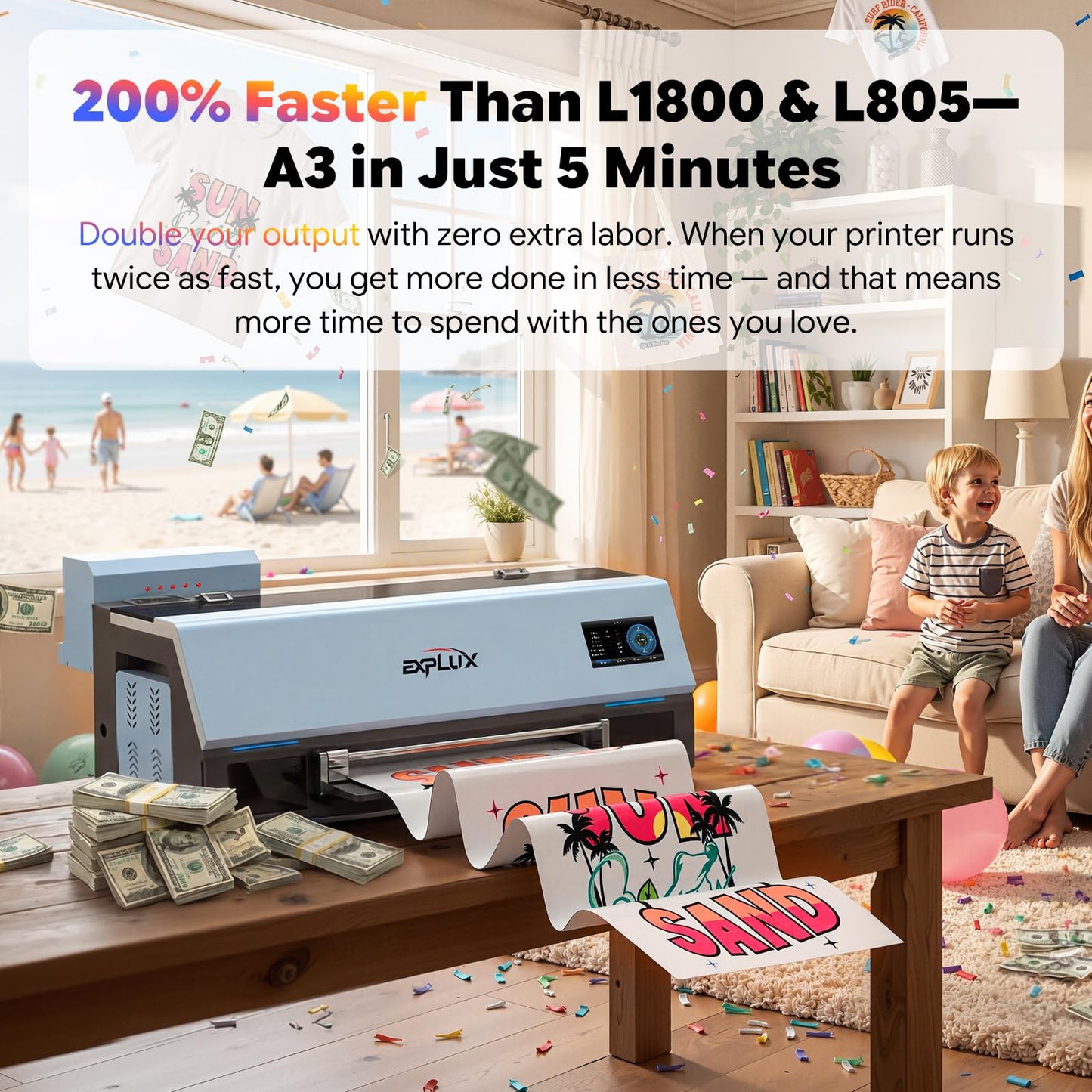 EXPLUX A4 DTF Printer with XP600 Anti-Clogging Printhead, 200% High-Speed Printing, Built-in White Stirring System for DIY T-Shirts & All Textiles, 2-Year Ink Included (A4, Printer+Oven)