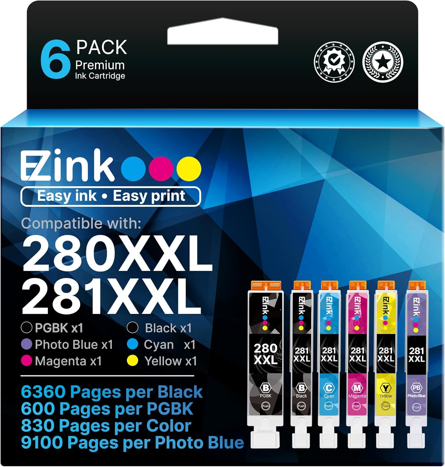 E-Z Ink Compatible TS9120 Ink Cartridge Replacement for Canon PGI-280XXL CLI-281XXL PGI 280XXL CLI 281XXL to use with PIXMA TS8320 TS8220 TS8120 (PGBK, Black, Photo Blue, Cyan, Magenta, Yellow) 6 Pack.
