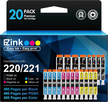 E-Z Ink Compatible Ink Cartridge Replacement for Canon PGI220 PGI-220 CLI221 CLI-221 to use with MX870 MX860 MP620 MP560 MP980 (4 Large Black, 4 Cyan, 4 Magenta, 4 Yellow, 4 Small Black) 20 Pack.