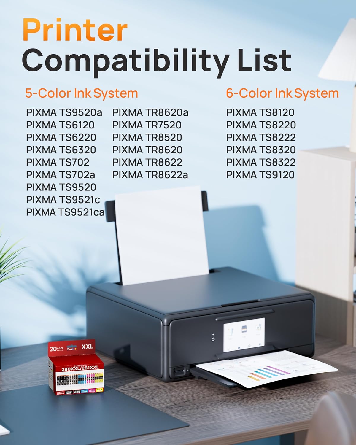 20 Pack 280XXL 281XXL Ink Cartridges Replacement for Canon 280 281 Ink cartridges PGI280XXL CLI281XXL Compatible with PIXMA TR8620a TR8520 TR8620 TR8600 TR7520 TS6120 TS6220 TS9120 TS8220 TS6320.