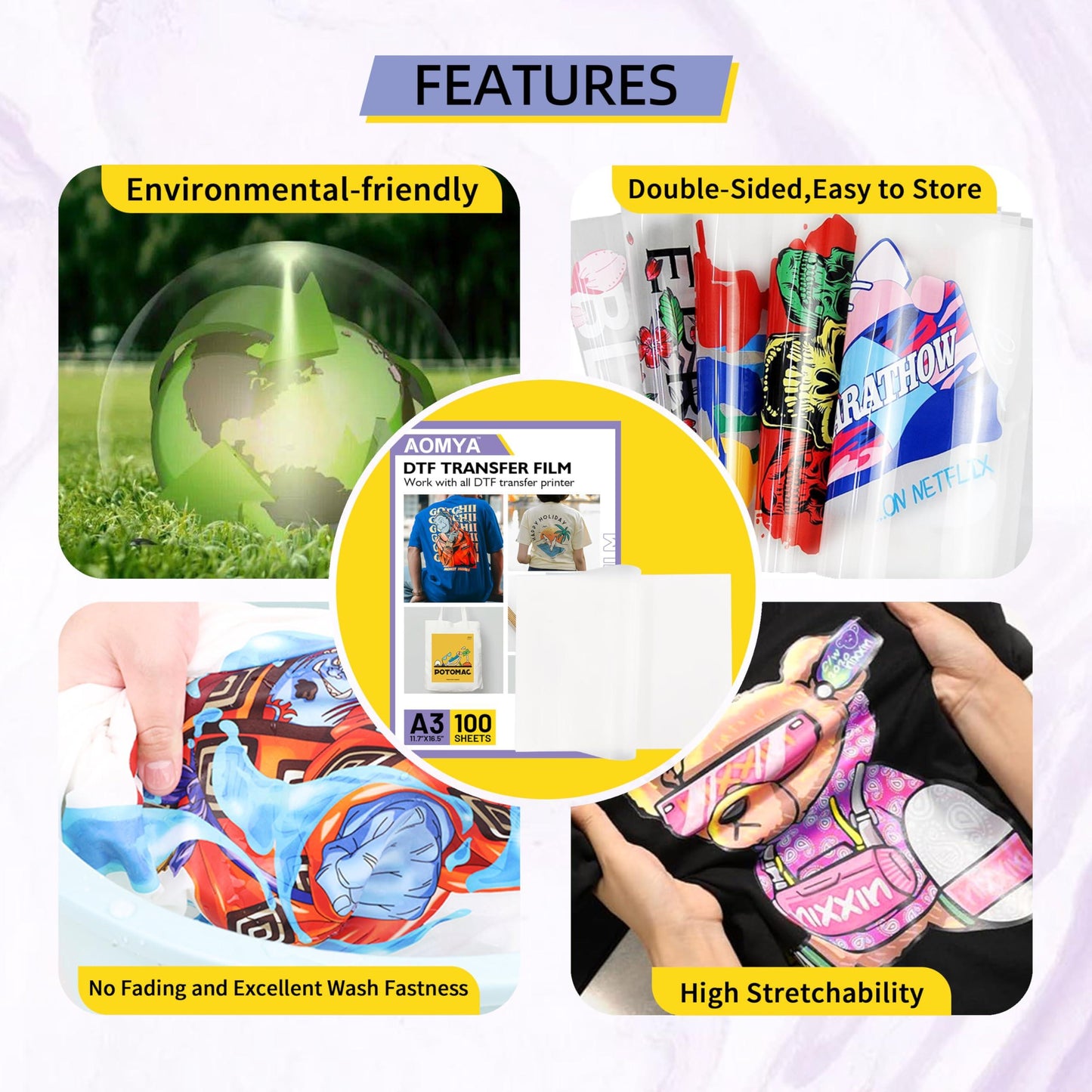 Aomya 100 Sheets DTF Transfer Film Paper 8.3" x 11.7"Double-Sided Matte,Clear PET Heat Transfer Paper Cold Peel DTF Transfer Paper for All DTF Printers & Material,Textile, Polyester, Cotton etc.