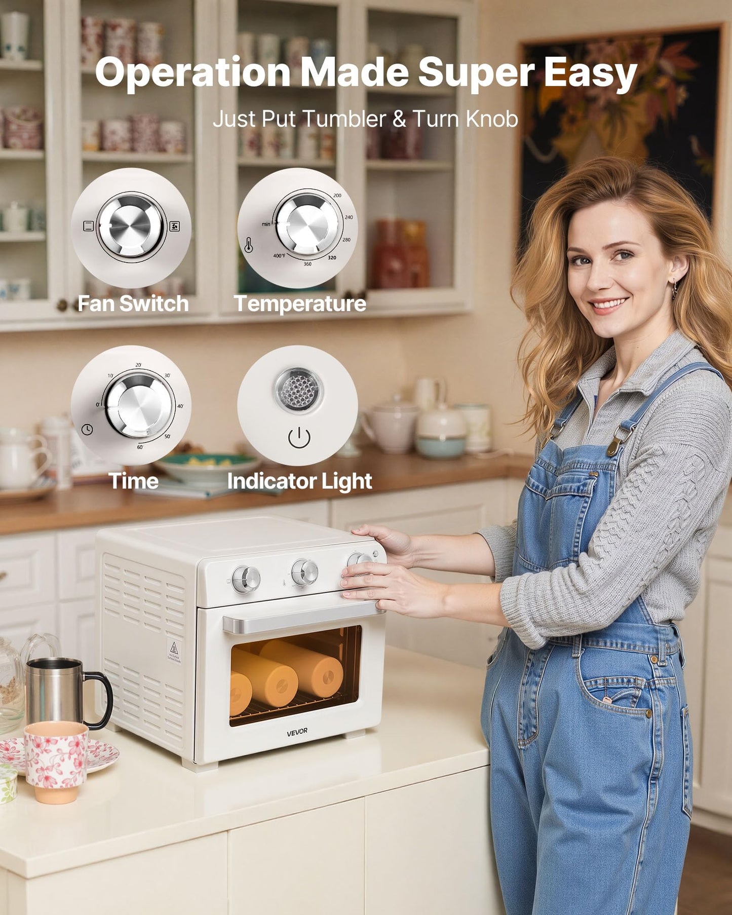 VEVOR Sublimation Oven Machine, 26 Qt, Fits 40oz Tumblers, with 1 Heat Air Gun, 50 Shrink Films, 1 Tape and 2 Heat Gloves, 360° Turbo Convection for Sublimation Blank Tumblers, Mugs, Bowls, Off-White.