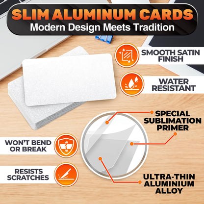 100 Pcs Metal Sublimation Blanks – Double-Sided Sublimation Business Card Blanks for Printing of Logos, Nameplates, and Custom Gifts – Smooth Finish Ultra-Thin Aluminum Alloy Cards in Pearl Color.