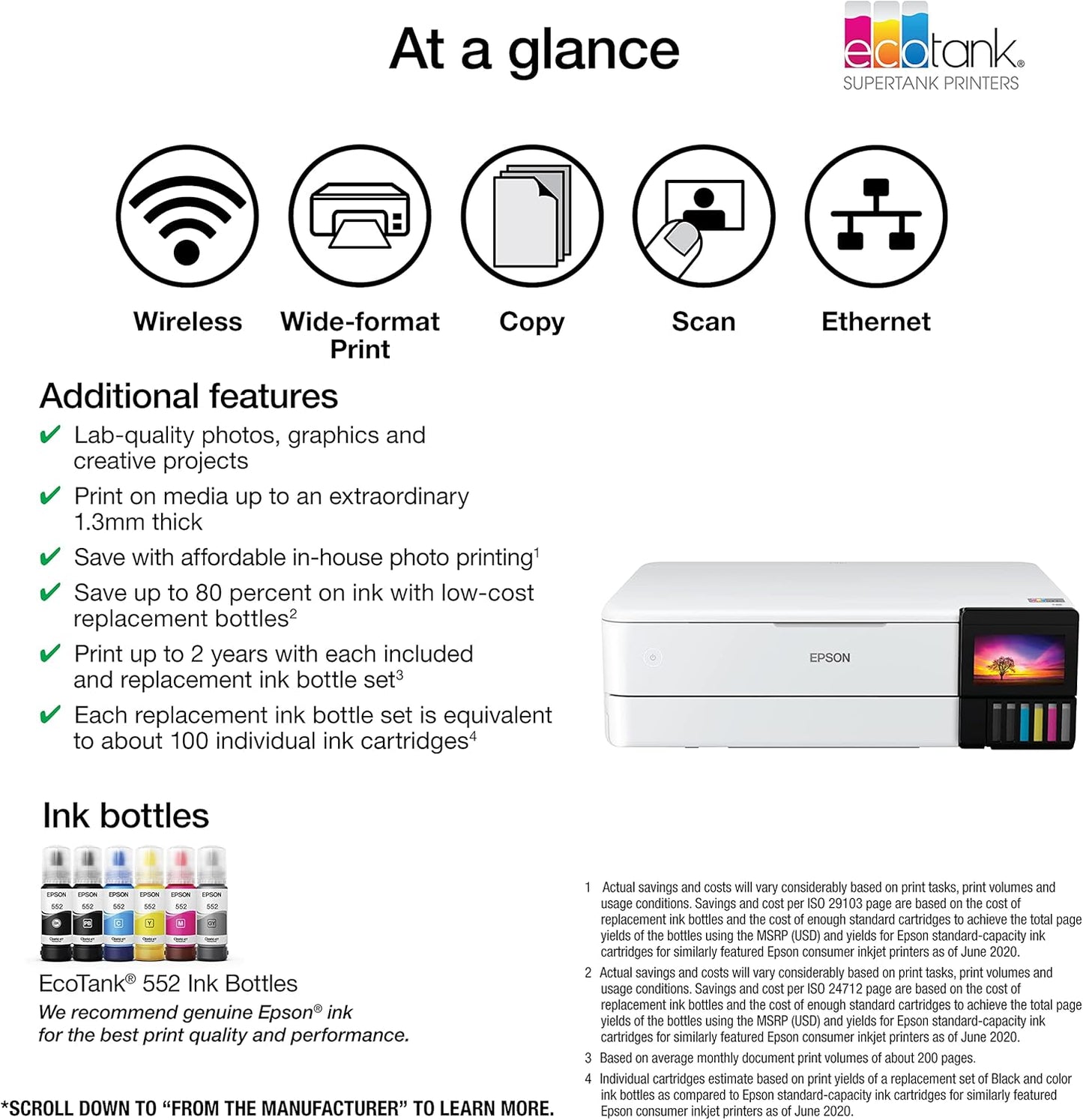 Epson EcoTank Photo ET-8550 Wireless Wide-format Color All-in-One Supertank Printer with Scanner Copier, Ethernet and 4.3-inch Colorfull Touchscreen.