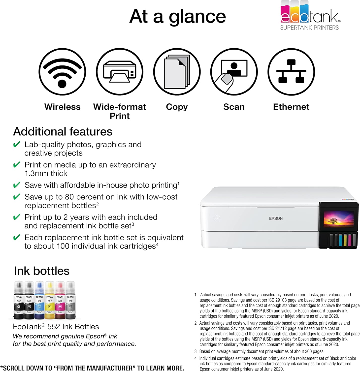 Epson EcoTank Photo ET-8550 Wireless Wide-format Color All-in-One Supertank Printer with Scanner Copier, Ethernet and 4.3-inch Colorfull Touchscreen.