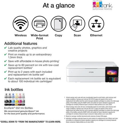 Epson EcoTank Photo ET-8550 Wireless Wide-format Color All-in-One Supertank Printer with Scanner Copier, Ethernet and 4.3-inch Colorfull Touchscreen.