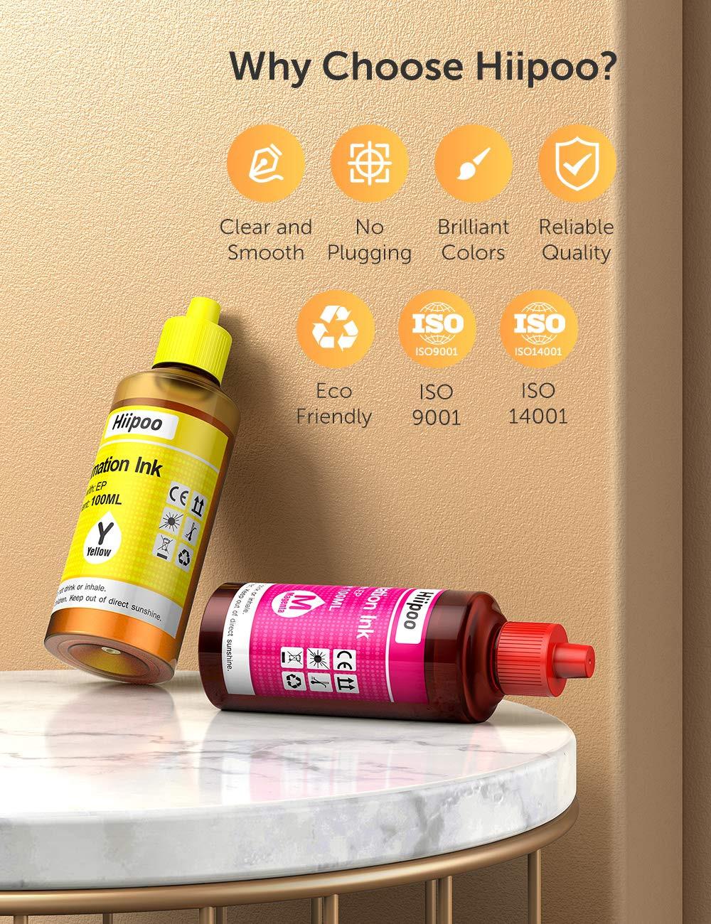 Hiipoo Sublimation Ink Refilled Bottles Work with WF7710 ET2760 ET2720 ET2803 ET2800 ET15000 C88 C88+ Inkjet Printer Heat Press Transfer on Mugs Plates T-Shirts Pillows Phone Case.