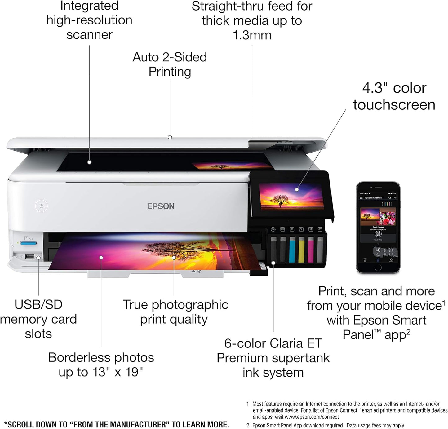 Epson EcoTank Photo ET-8550 Wireless Wide-format Color All-in-One Supertank Printer with Scanner Copier, Ethernet and 4.3-inch Colorfull Touchscreen.