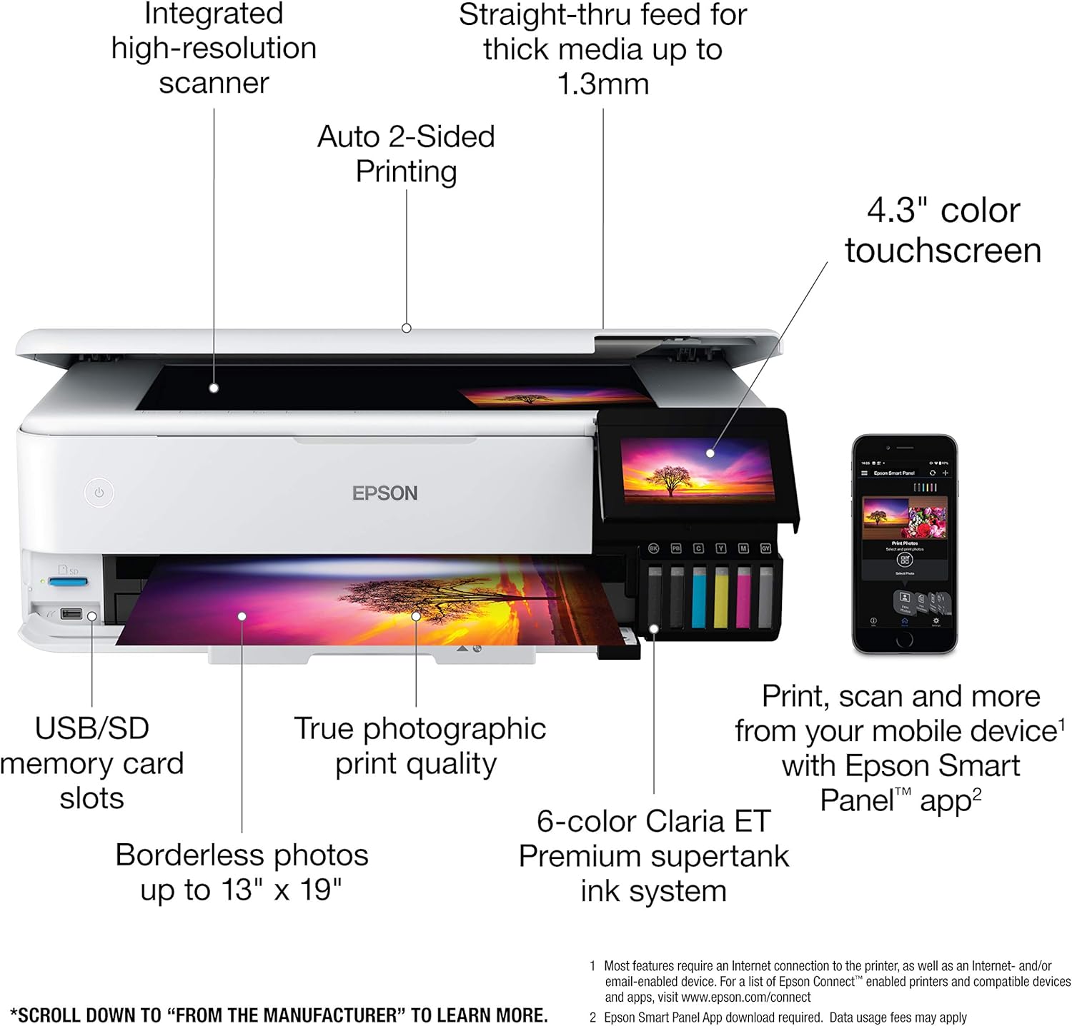 Epson EcoTank Photo ET-8550 Wireless Wide-format Color All-in-One Supertank Printer with Scanner Copier, Ethernet and 4.3-inch Colorfull Touchscreen.