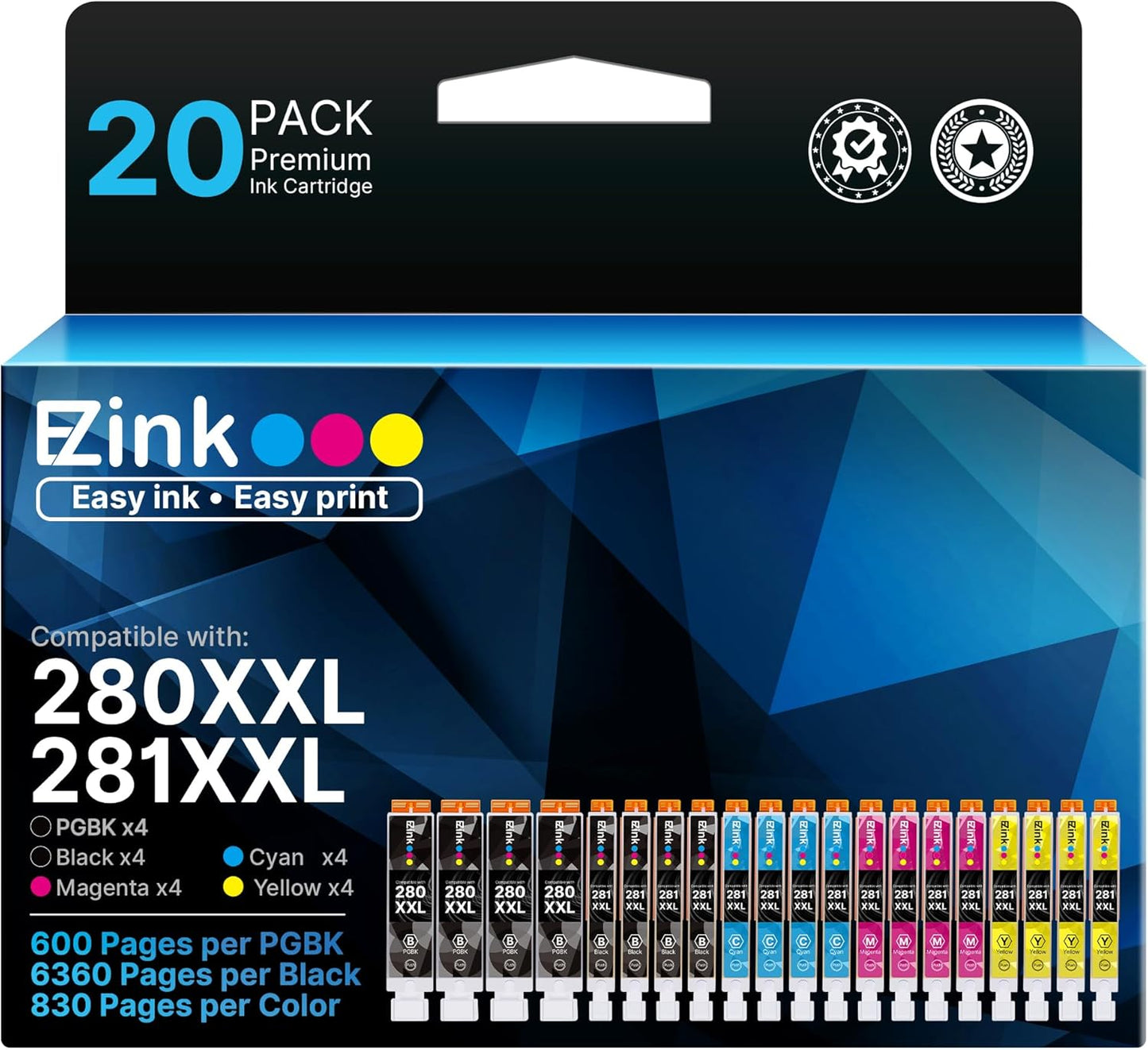 20 Pack 280XXL 281XXL Ink Cartridges Replacement for Canon 280 281 Ink cartridges PGI280XXL CLI281XXL Compatible with PIXMA TR8620a TR8520 TR8620 TR8600 TR7520 TS6120 TS6220 TS9120 TS8220 TS6320.