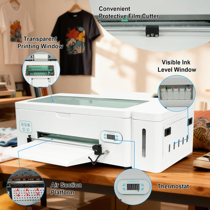 A3 L1800 DTF Printer Bundle with Cutter, A3 High-Speed Pink Apparel Transfer Printing Machine with White Ink Circulation Includes Oven,Consumable Software (Remote Installation).
