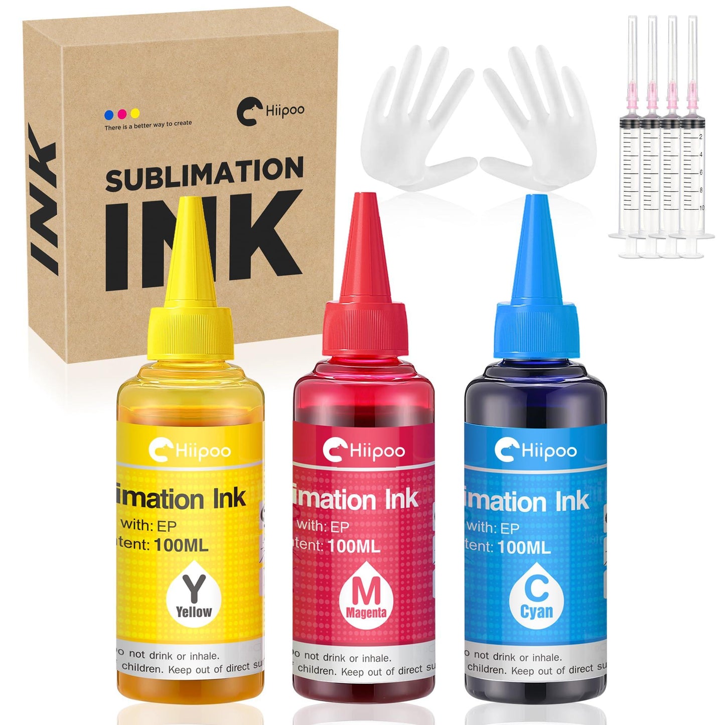 Hiipoo Sublimation Ink Refilled Bottles with Heat Tape Refill for ET2400 XP4105 XP4100 ET2720 ET2760 ET2750 ET4800 ET-2800 ET-2803 ET-2850 Inkjet Printers Heat Press Transfer on Mugs T-Shirts（BCMY）