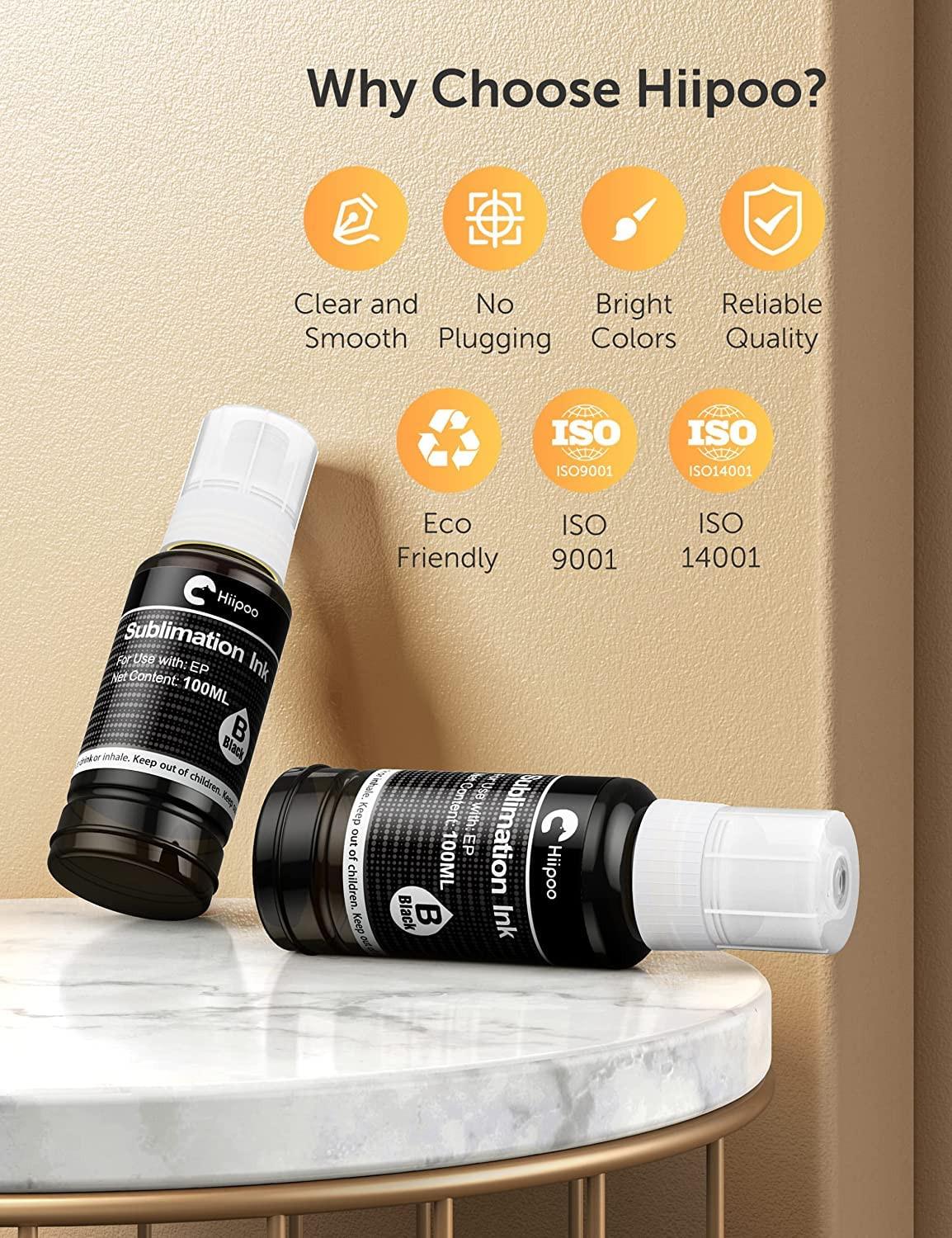 Hiipoo Sublimation Ink Refilled Bottles Compatible for ET2400 ET-2800 ET2720 ET2760 ET2750 ET4800 ET-2803 ET-2850 Inkjet Printers Heat Press Transfer on Mugs T-Shirts.