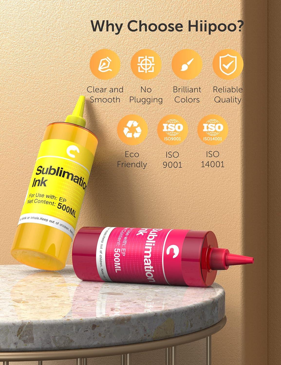 Hiipoo 2000ml Sublimation Ink Refilled Bottles Work with WF7710 ET2760 ET2720 ET2803 ET2800 ET15000 C88 C88+ Inkjet Printers Heat Press Transfer on Mugs Plates T-Shirts Pillows Phone Case.