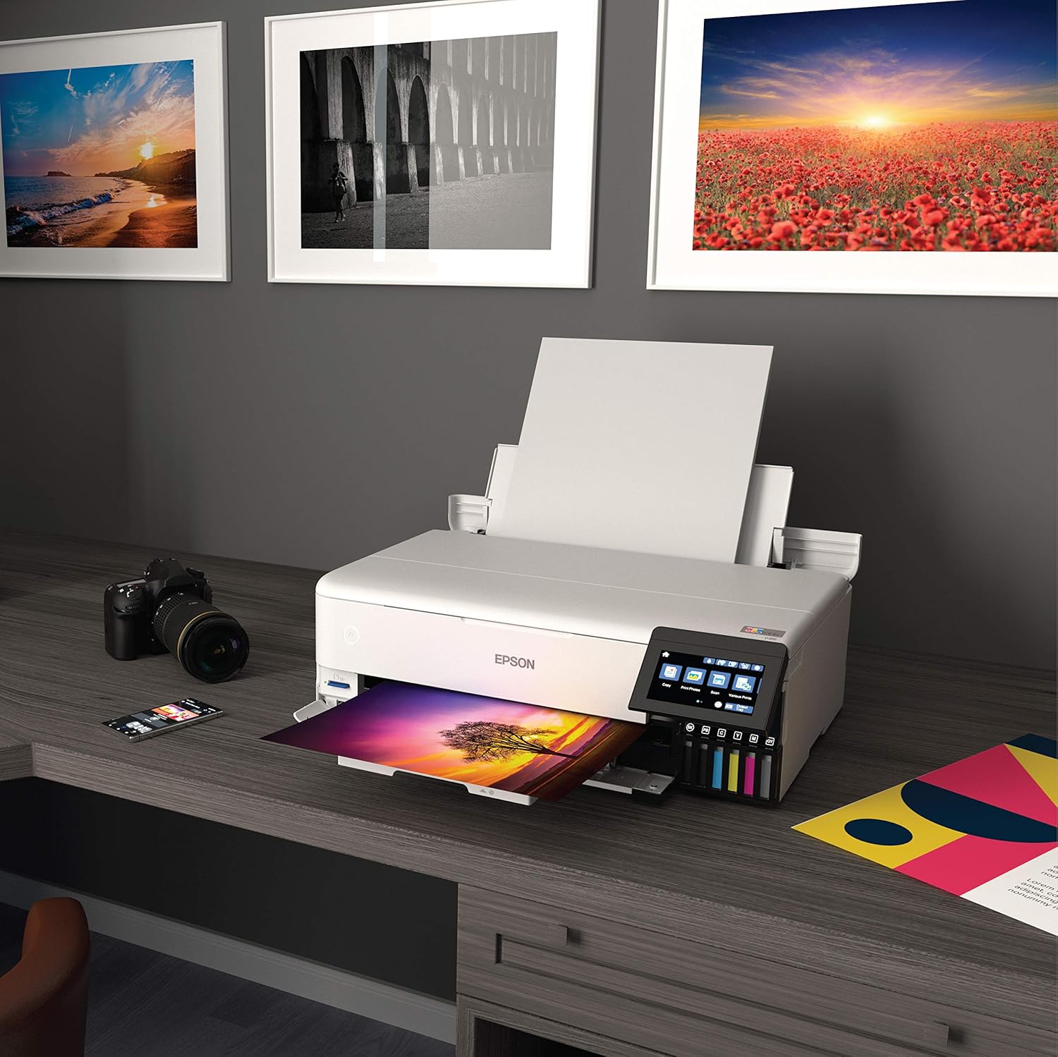 Epson EcoTank Photo ET-8550 Wireless Wide-format Color All-in-One Supertank Printer with Scanner Copier, Ethernet and 4.3-inch Colorfull Touchscreen.