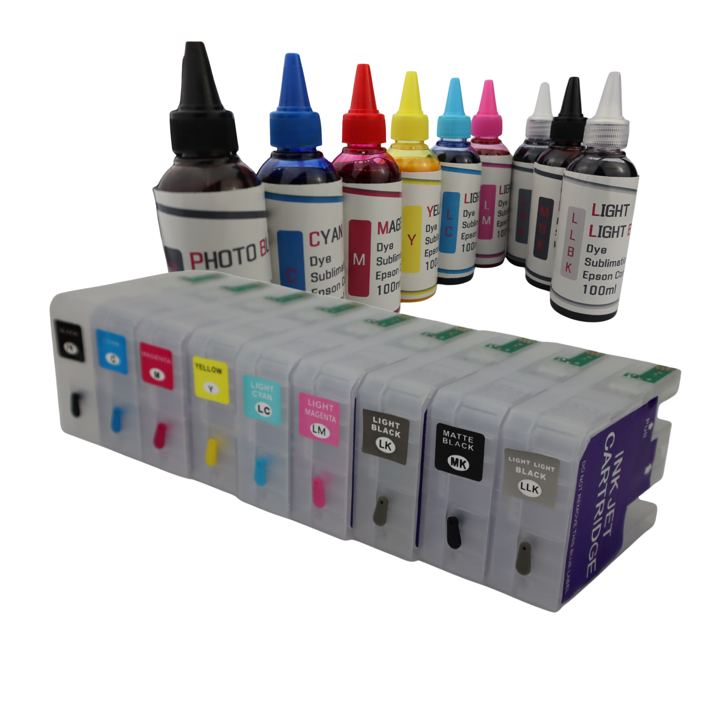 9- 100ml bottles Dye Sublimation Ink 9- 80ml T850 Refillable Ink Cartridges for Epson SureColor P800 printer