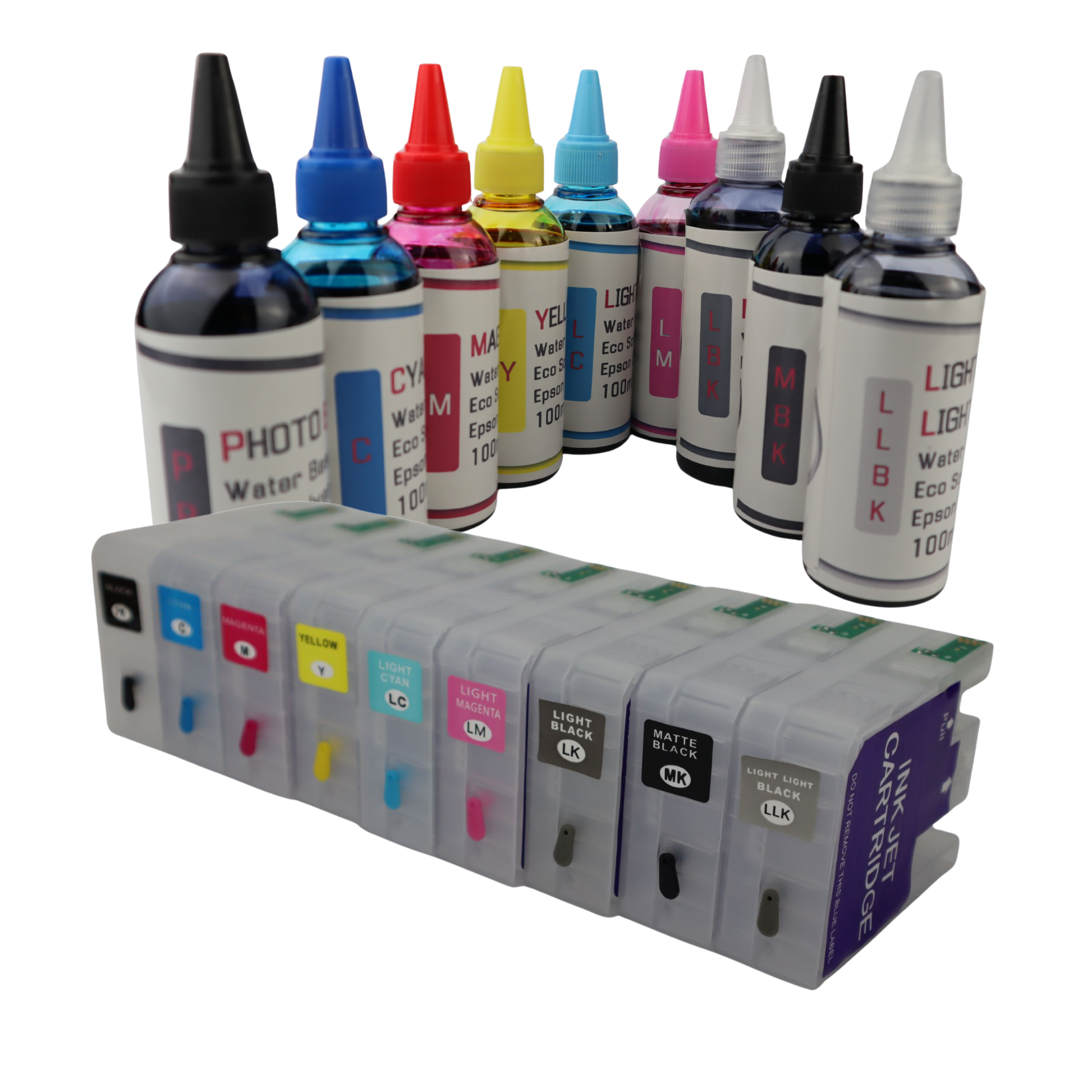 9- 100ml bottles Eco Solvent Water Based Ink 9- 80ml T850 Refillable Ink Cartridges for Epson SureColor P800 printer