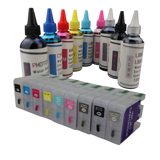 9- 100ml bottles Eco Solvent Water Based Ink 9- 80ml T850 Refillable Ink Cartridges for Epson SureColor P800 printer