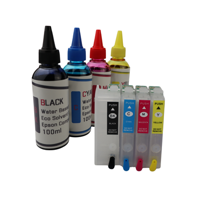 4 100ml bottles Eco Solvent Water Based Ink 4 Refillable Ink Cartridges for Epson WorkForce WF-7010 WF-7510 WF-7520 printers