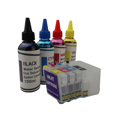 4 100ml bottles Eco Solvent Water Based Ink 4 Refillable Ink Cartridges for Epson WorkForce WF-7110 WF-7610 WF-7620 printers